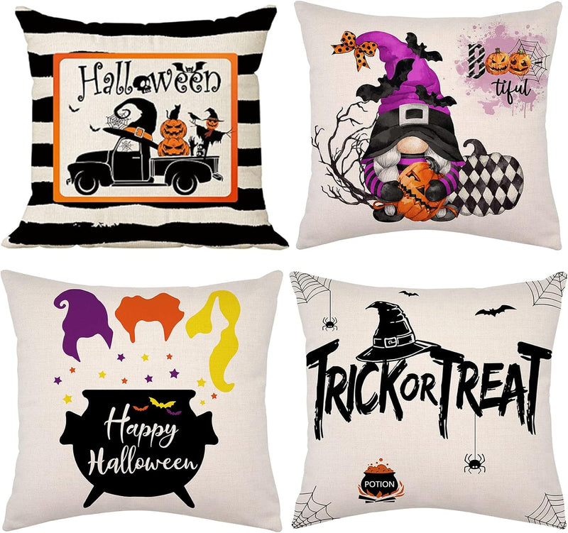 Black White Purple Halloween Pillow Covers 18X18 Inch Set of 4 Throw Pillows Hocus Pocus Sanderson Sisters Witches Brew Hat Trick or Treat for Couch, Halloween-A, Wanshengheibaibaozhentao