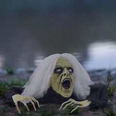 Halloween Gray Haired Zombie Skull with Posable Skeletal Hands Halloween Decoration Prop | Halloween Groundbreaking Zombie, Halloween Lawn Decorations