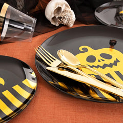30 Guests Halloween Plates&Black Plastic Plates&Black and Gold Plastic Plates-Include 60 Plates, 30 Forks, 30 Knives, 30 Spoons, 30 Cups Ideal for Party, New Years Eve