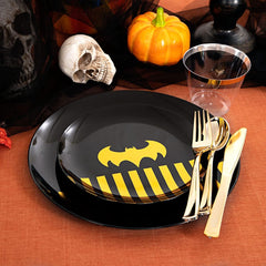 30 Guests Halloween Plates&Black Plastic Plates&Black and Gold Plastic Plates-Include 60 Plates, 30 Forks, 30 Knives, 30 Spoons, 30 Cups Ideal for Party, New Years Eve
