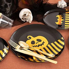 30 Guests Halloween Plates&Black Plastic Plates&Black and Gold Plastic Plates-Include 60 Plates, 30 Forks, 30 Knives, 30 Spoons, 30 Cups Ideal for Party, New Years Eve