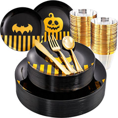 30 Guests Halloween Plates&Black Plastic Plates&Black and Gold Plastic Plates-Include 60 Plates, 30 Forks, 30 Knives, 30 Spoons, 30 Cups Ideal for Party, New Years Eve