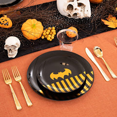 30 Guests Halloween Plates&Black Plastic Plates&Black and Gold Plastic Plates-Include 60 Plates, 30 Forks, 30 Knives, 30 Spoons, 30 Cups Ideal for Party, New Years Eve