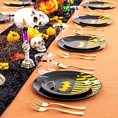 30 Guests Halloween Plates&Black Plastic Plates&Black and Gold Plastic Plates-Include 60 Plates, 30 Forks, 30 Knives, 30 Spoons, 30 Cups Ideal for Party, New Years Eve