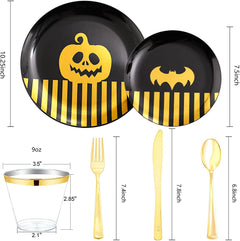 30 Guests Halloween Plates&Black Plastic Plates&Black and Gold Plastic Plates-Include 60 Plates, 30 Forks, 30 Knives, 30 Spoons, 30 Cups Ideal for Party, New Years Eve